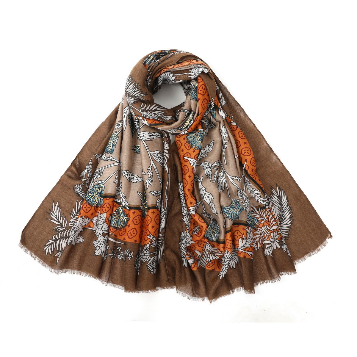 Khaki Mixed Cotton Floral Print Scarf YF22520KHA