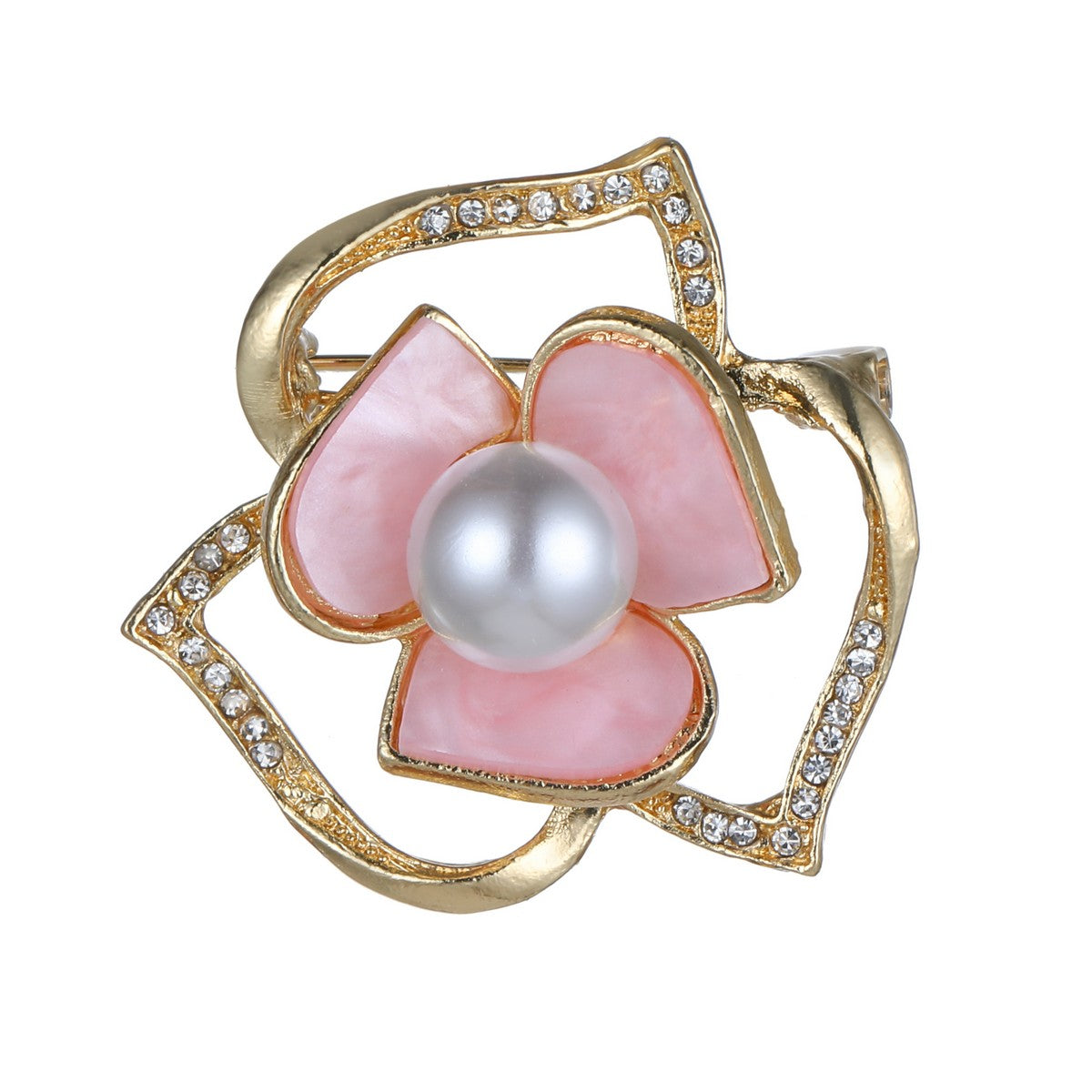 Pink and Gold Flower Brooch with Pearl and Diamantes YL22028PNK