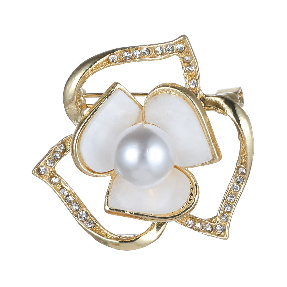 White and Gold Flower Brooch with Pearl and Diamantes YL22028YGD