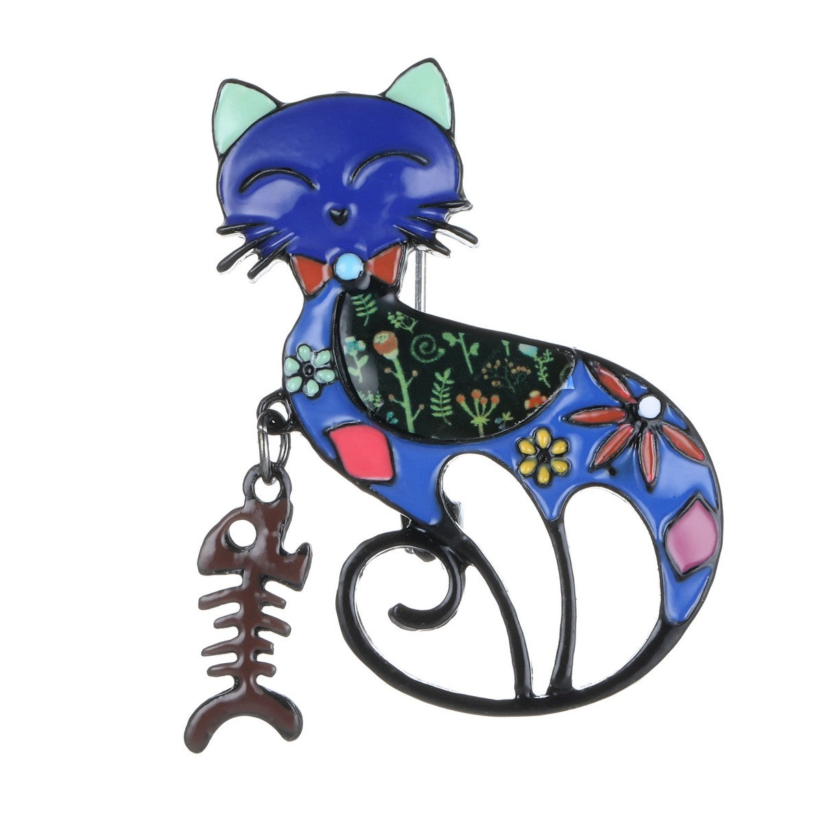 Blue Cat with Fish Bone Drop Brooch YL22051BLU