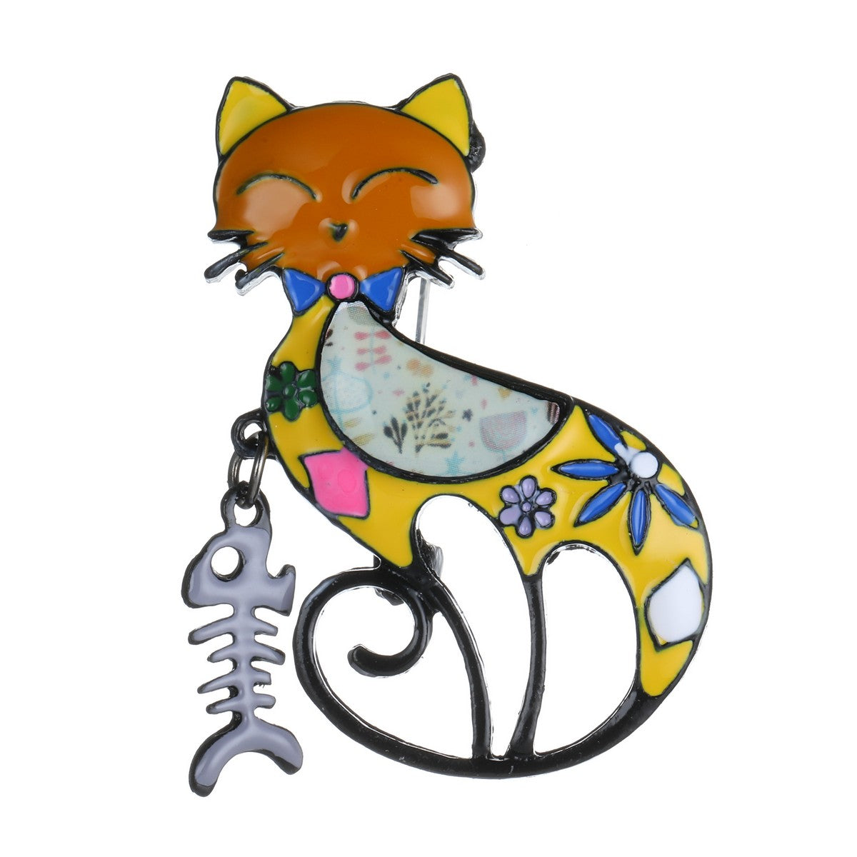 Yellow Cat with Fish Bone Drop Brooch YL22051YEL