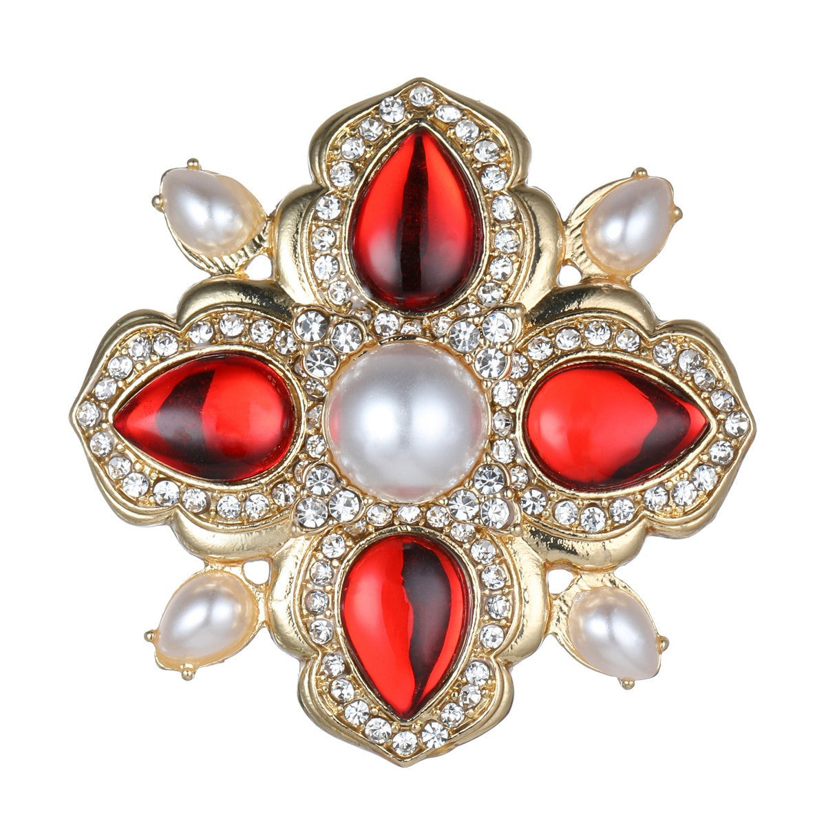 Golden Edwardian Floral Brooch with Red Stones and Pearls YL22055YGD