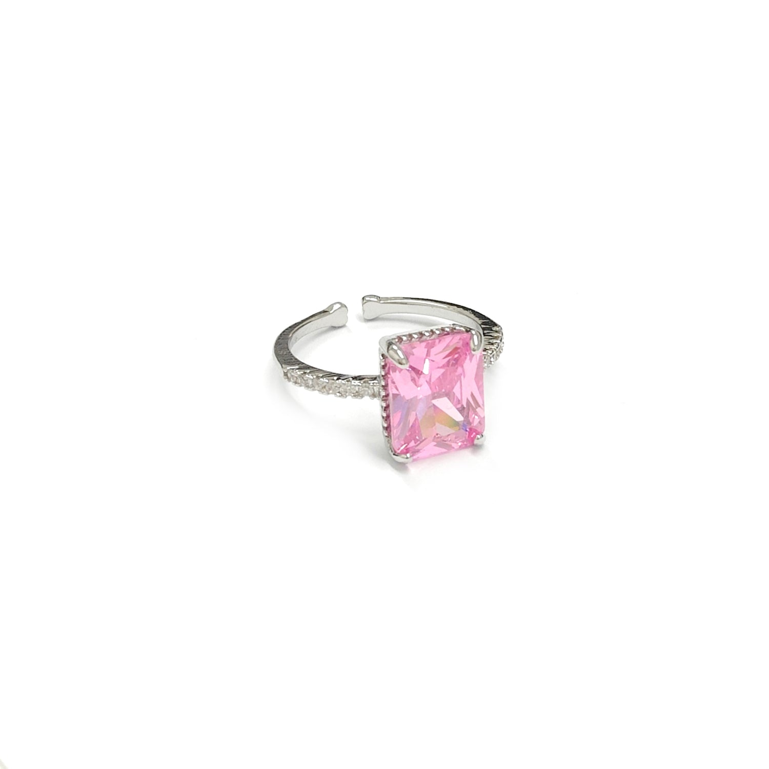 Adjustable Cushion Cut Pink Gem Stone Silvery Ring JYV13001PNK