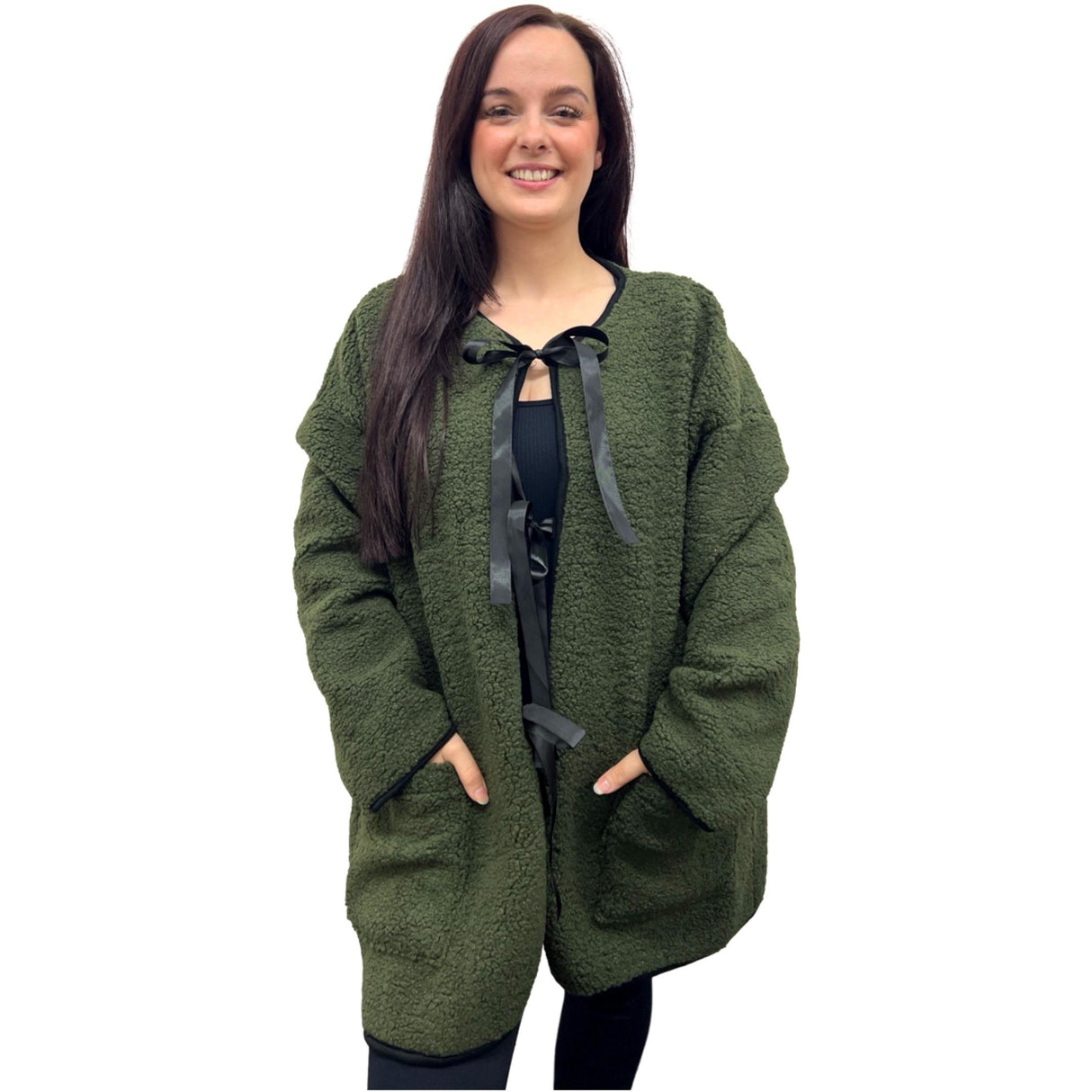 Teddy Coat With Bow Tie Details And Suede Effect Inside Super Cosy And Soft