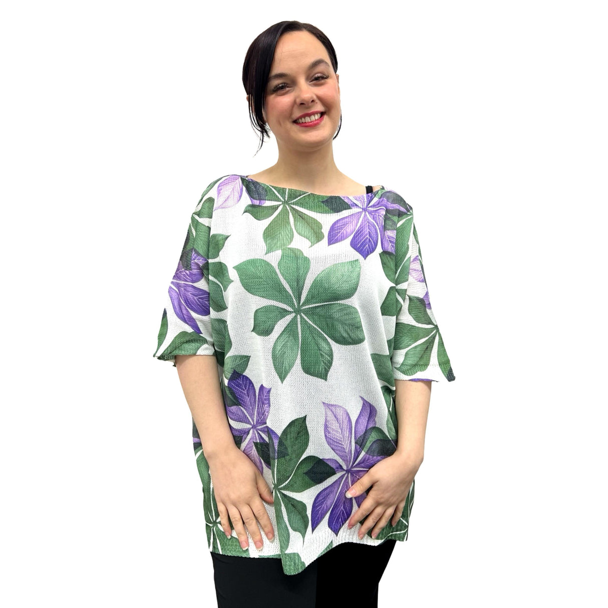 LADIES TOP SPRING AND SUMMER NEW FINE KNITTED 3D PAINTING LINEN EFFECT LADIES RELAXING TOP HALF SLEEVES