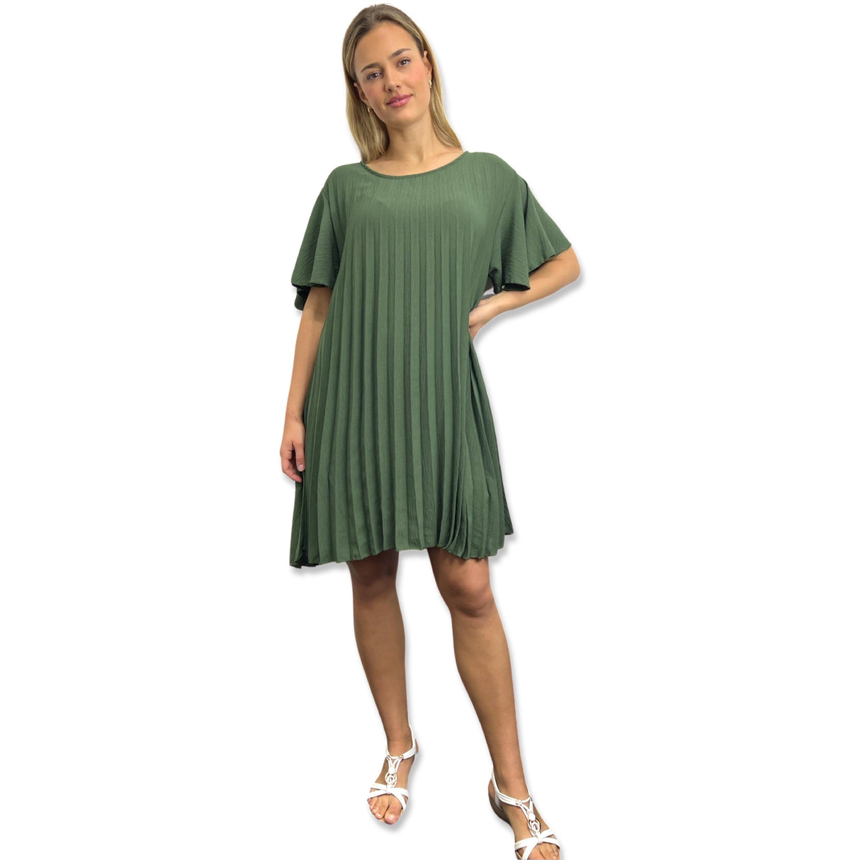 PLEATED MIDI DRESS SUPER FLOWING WITH FLUTTER SLEEVES PERFECT LENGTH FOR SUMMER