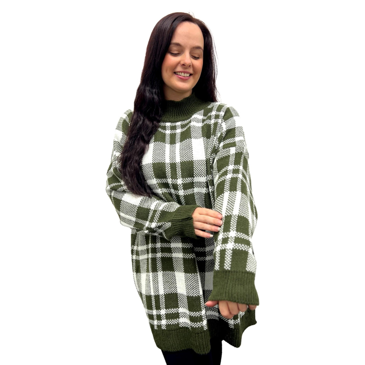 LADIES KNITWEAR JUMPER SUPER SOFT TURTLENECK GINGHAM CHECK DOUBLE LAYERS OVERSIZED JUMPER