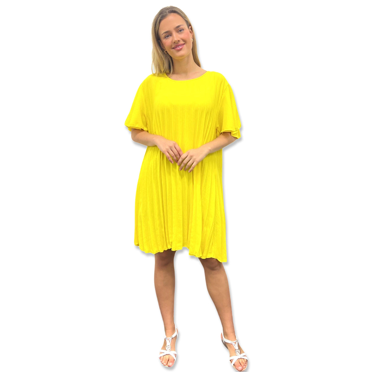 PLEATED MIDI DRESS SUPER FLOWING WITH FLUTTER SLEEVES PERFECT LENGTH FOR SUMMER