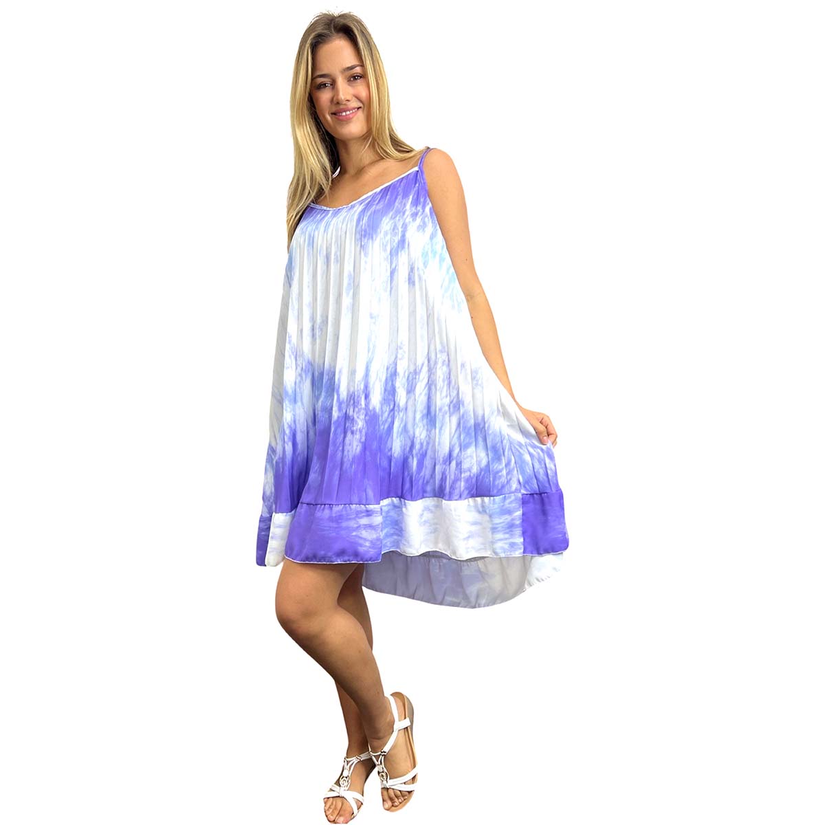 PLEATED BABYDOLL LADIES CASUAL MINI DRESS SUMMER WAVE PRINTS