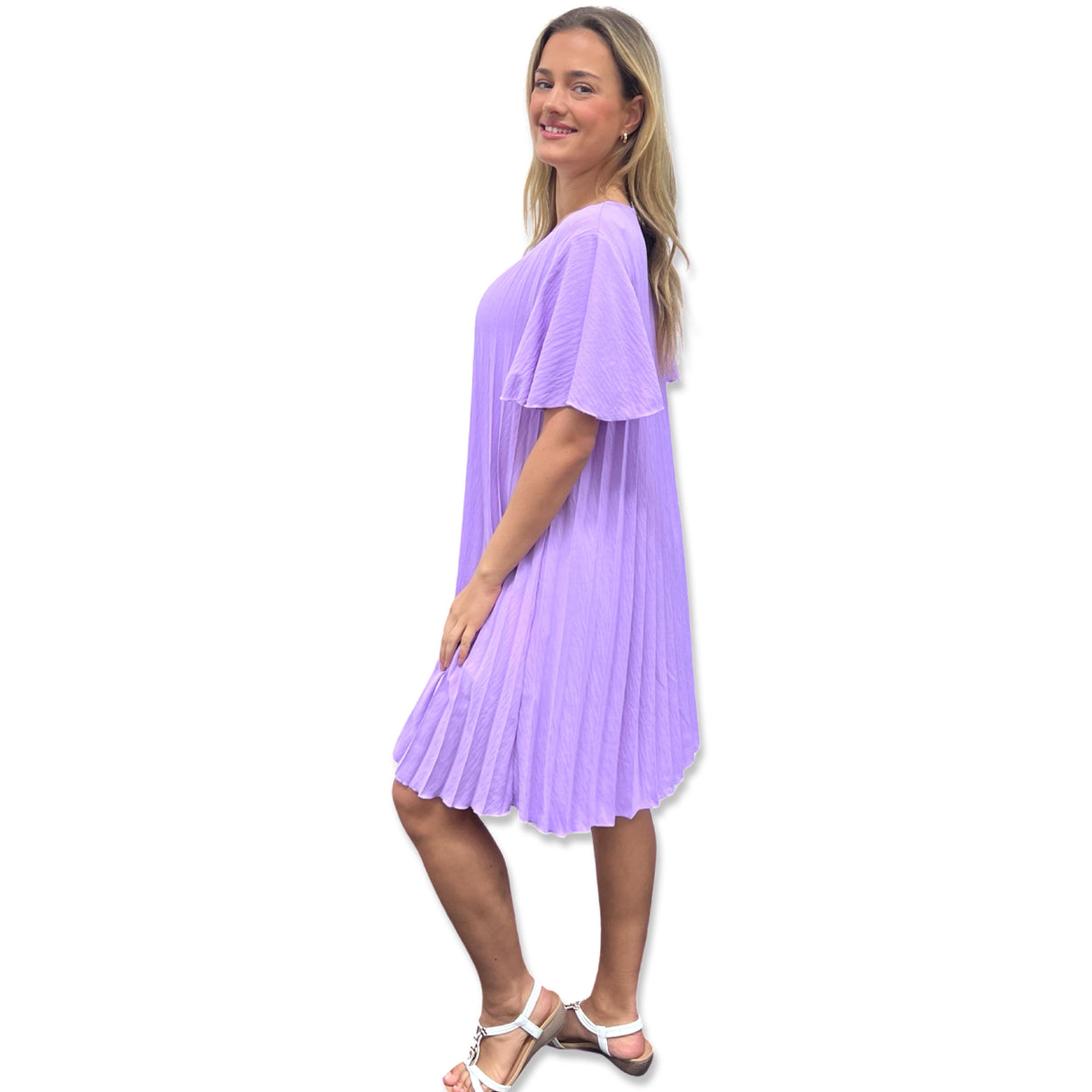 PLEATED MIDI DRESS SUPER FLOWING WITH FLUTTER SLEEVES PERFECT LENGTH FOR SUMMER