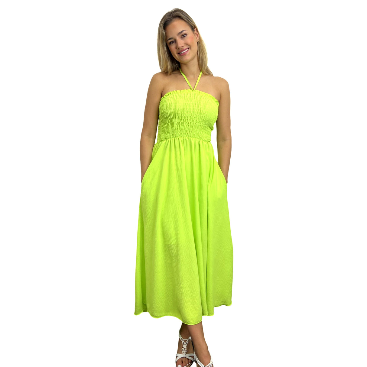 LADIES BACK TIED MAXI DRESS SMOCK SUPER STRETCHY