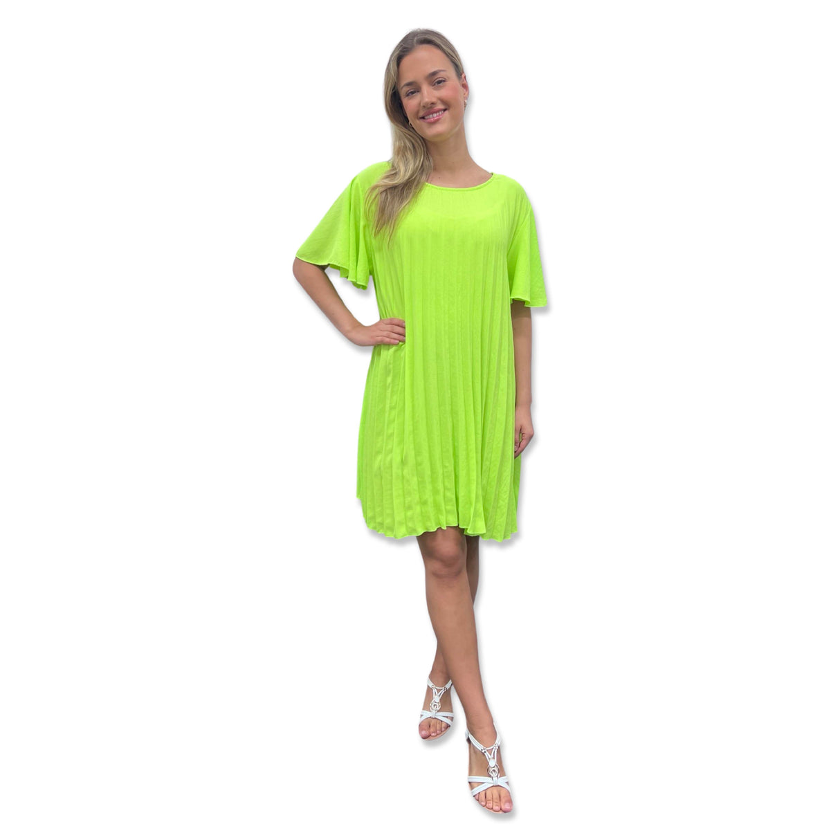 PLEATED MIDI DRESS SUPER FLOWING WITH FLUTTER SLEEVES PERFECT LENGTH FOR SUMMER