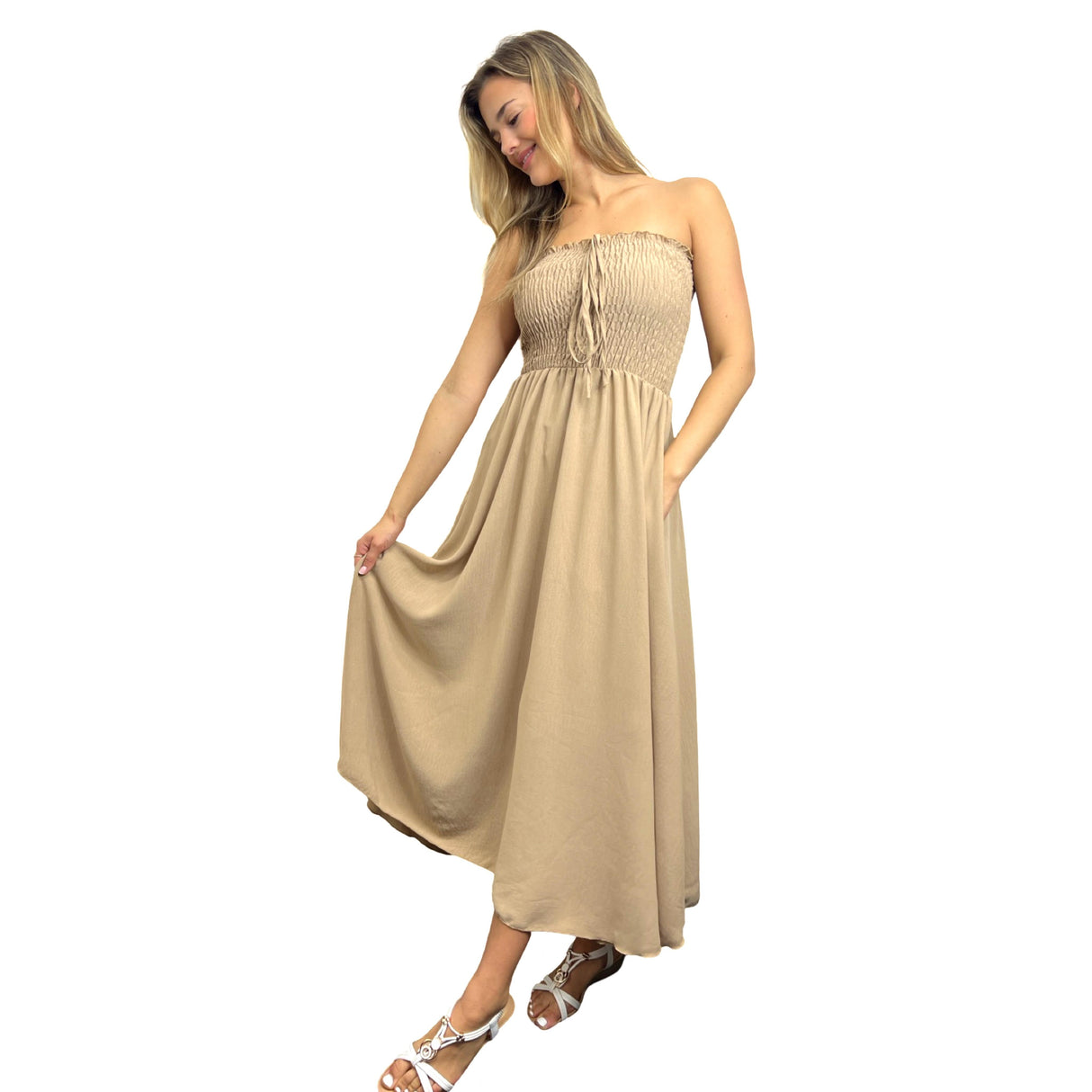 LADIES BACK TIED MAXI DRESS SMOCK SUPER STRETCHY