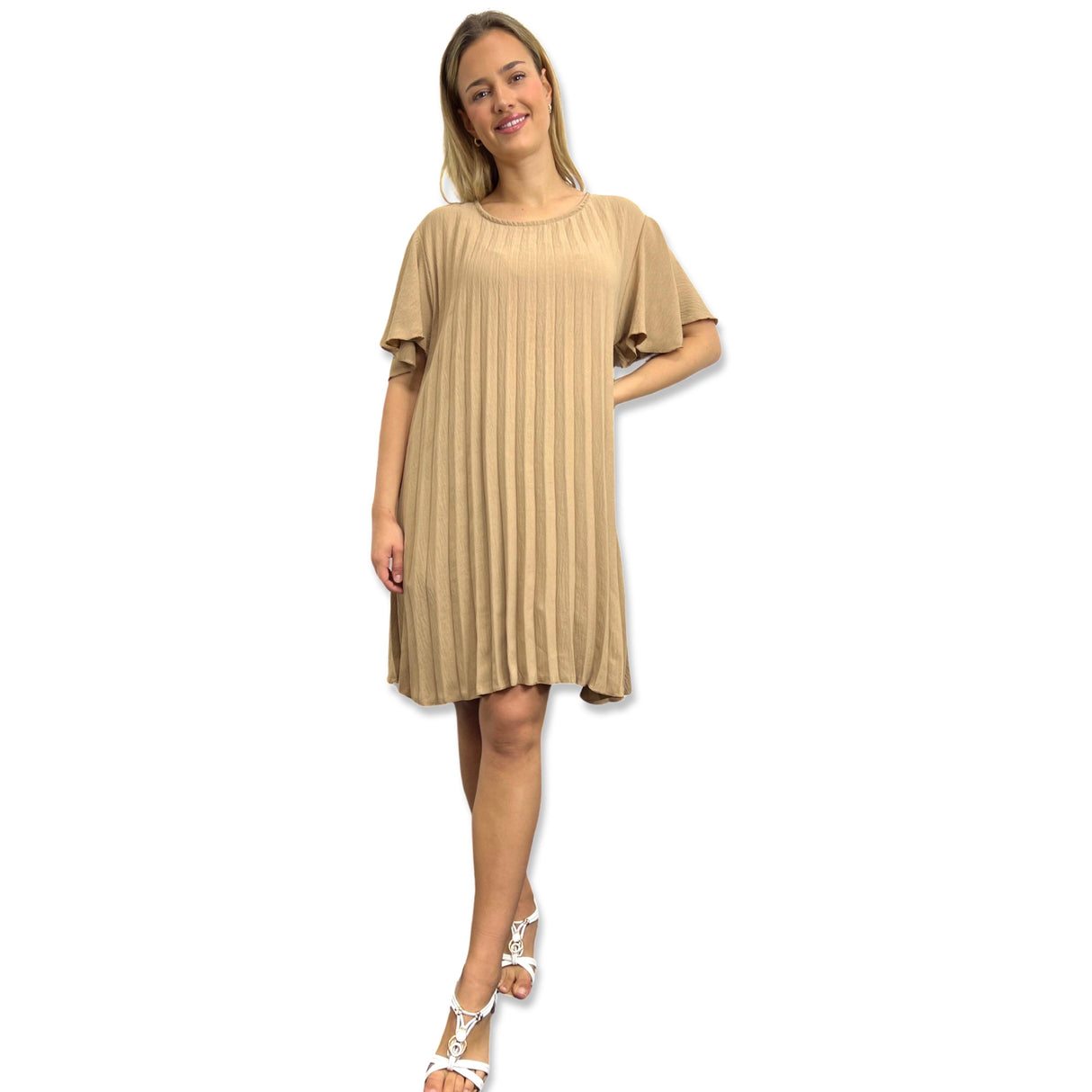 PLEATED MIDI DRESS SUPER FLOWING WITH FLUTTER SLEEVES PERFECT LENGTH FOR SUMMER