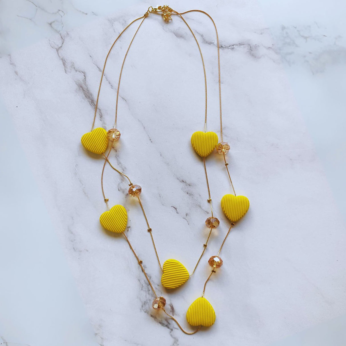 Double Layer Heart Pendant Necklace with Beads – Gold Chain