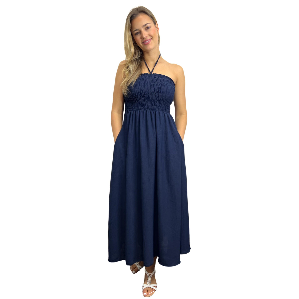 LADIES BACK TIED MAXI DRESS SMOCK SUPER STRETCHY