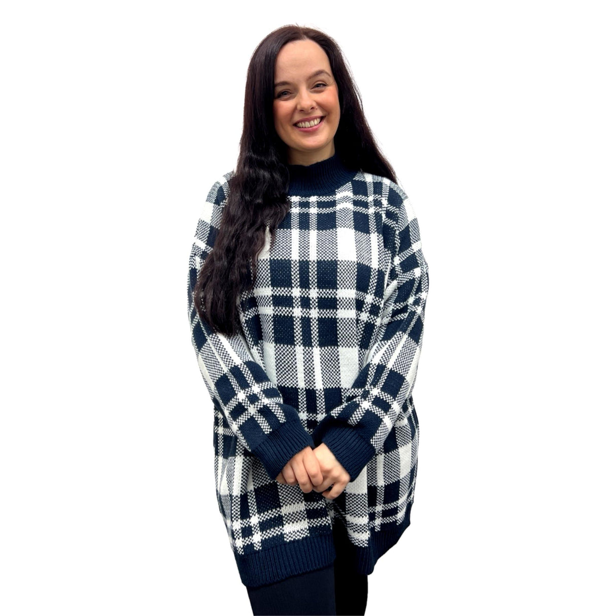 LADIES KNITWEAR JUMPER SUPER SOFT TURTLENECK GINGHAM CHECK DOUBLE LAYERS OVERSIZED JUMPER