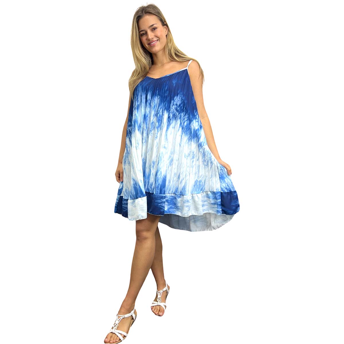 PLEATED BABYDOLL LADIES CASUAL MINI DRESS SUMMER WAVE PRINTS