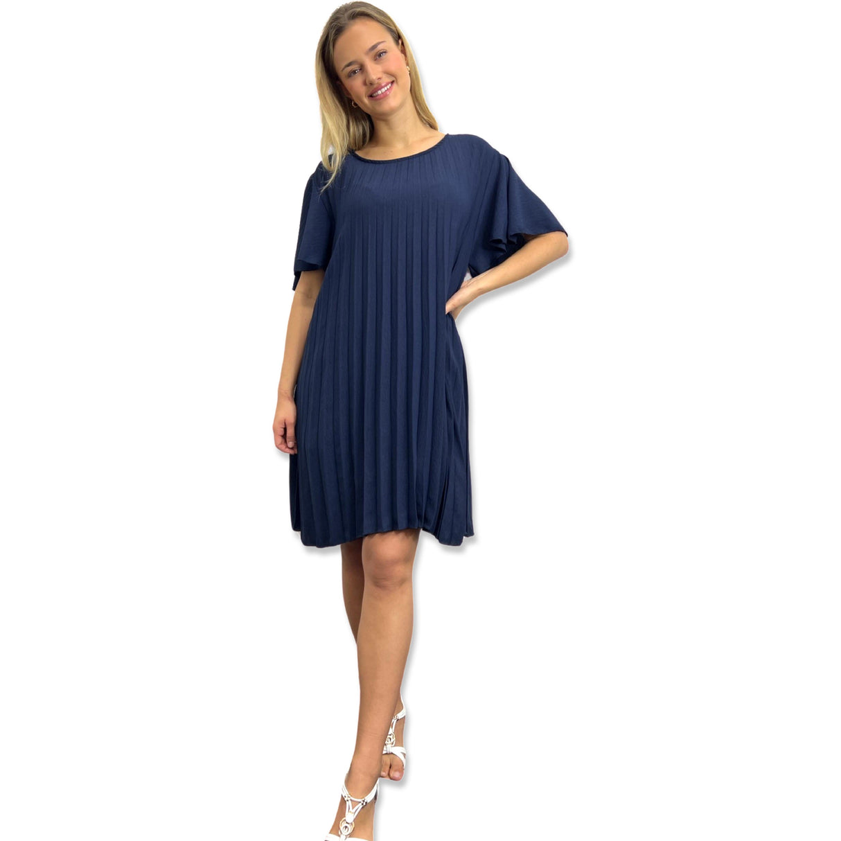PLEATED MIDI DRESS SUPER FLOWING WITH FLUTTER SLEEVES PERFECT LENGTH FOR SUMMER