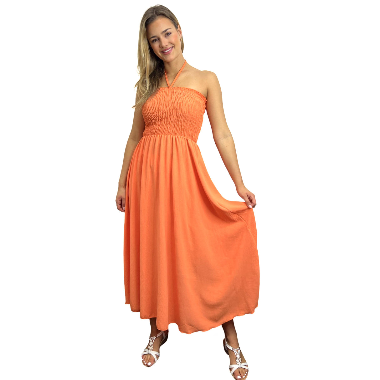LADIES BACK TIED MAXI DRESS SMOCK SUPER STRETCHY