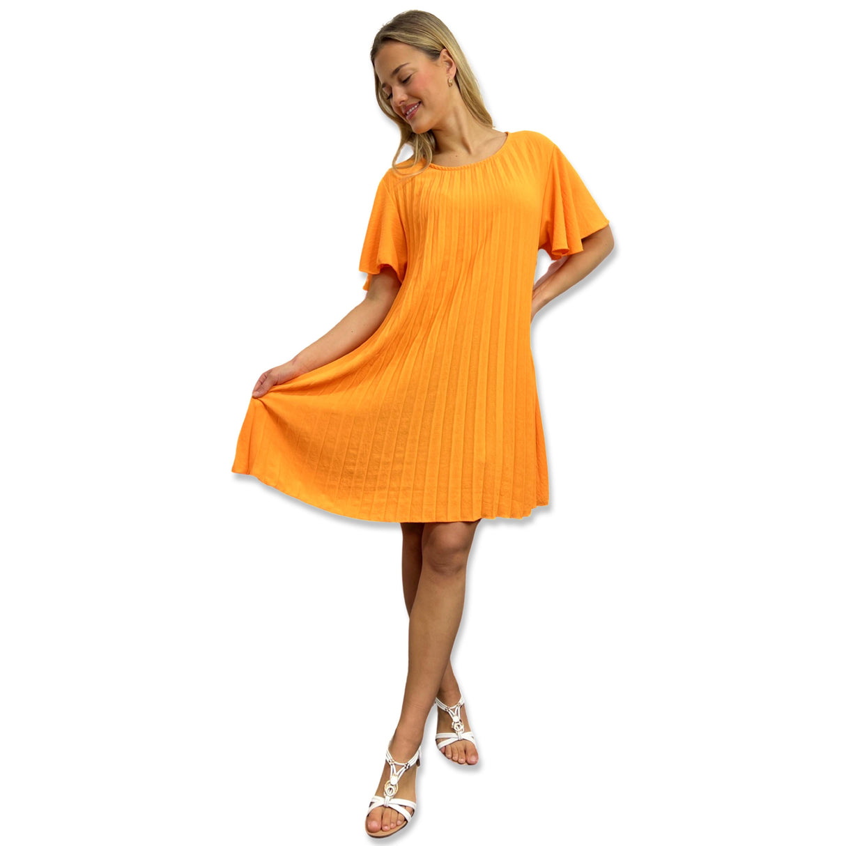 PLEATED MIDI DRESS SUPER FLOWING WITH FLUTTER SLEEVES PERFECT LENGTH FOR SUMMER