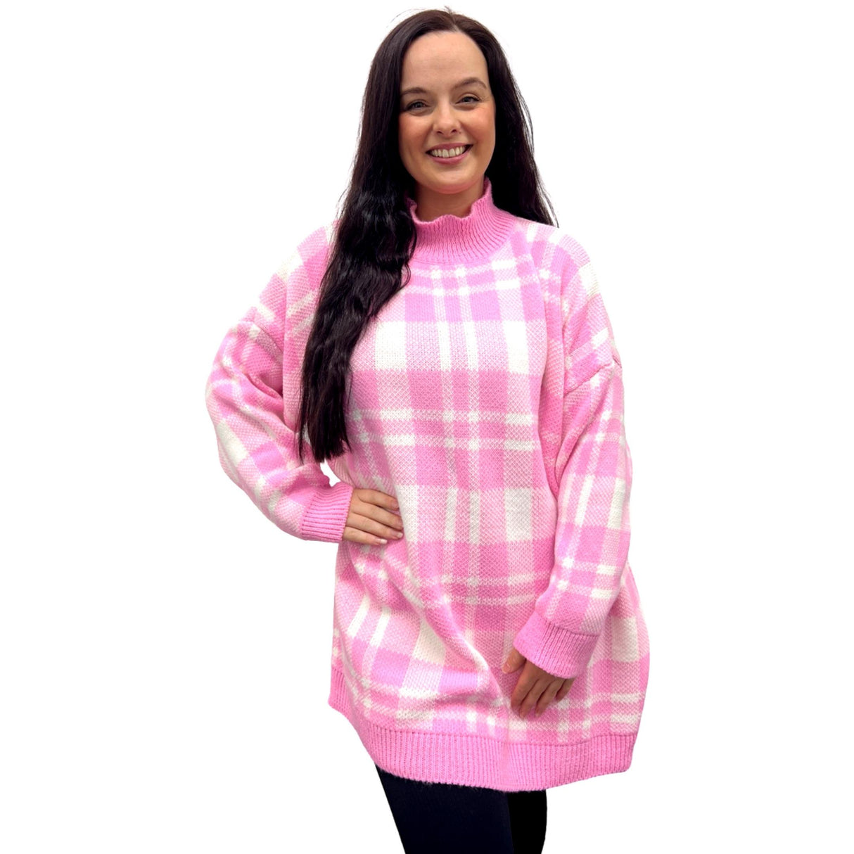 LADIES KNITWEAR JUMPER SUPER SOFT TURTLENECK GINGHAM CHECK DOUBLE LAYERS OVERSIZED JUMPER