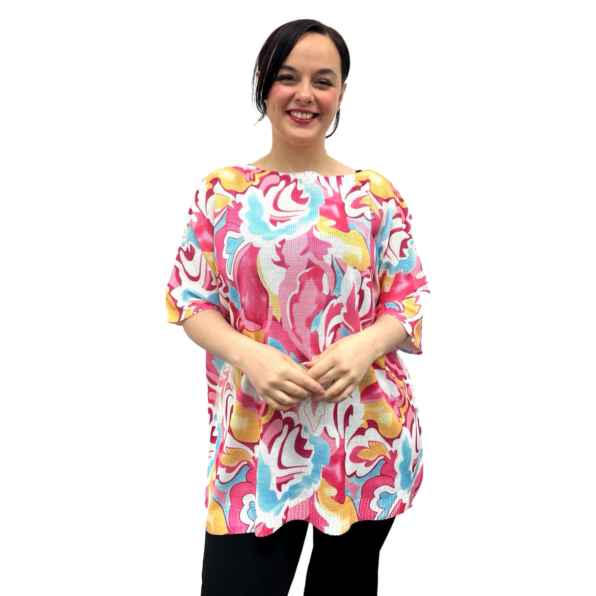 LADIES TOP SPRING AND SUMMER NEW FINE KNITTED 3D PAINTING LINEN EFFECT LADIES RELAXING TOP HALF SLEEVES