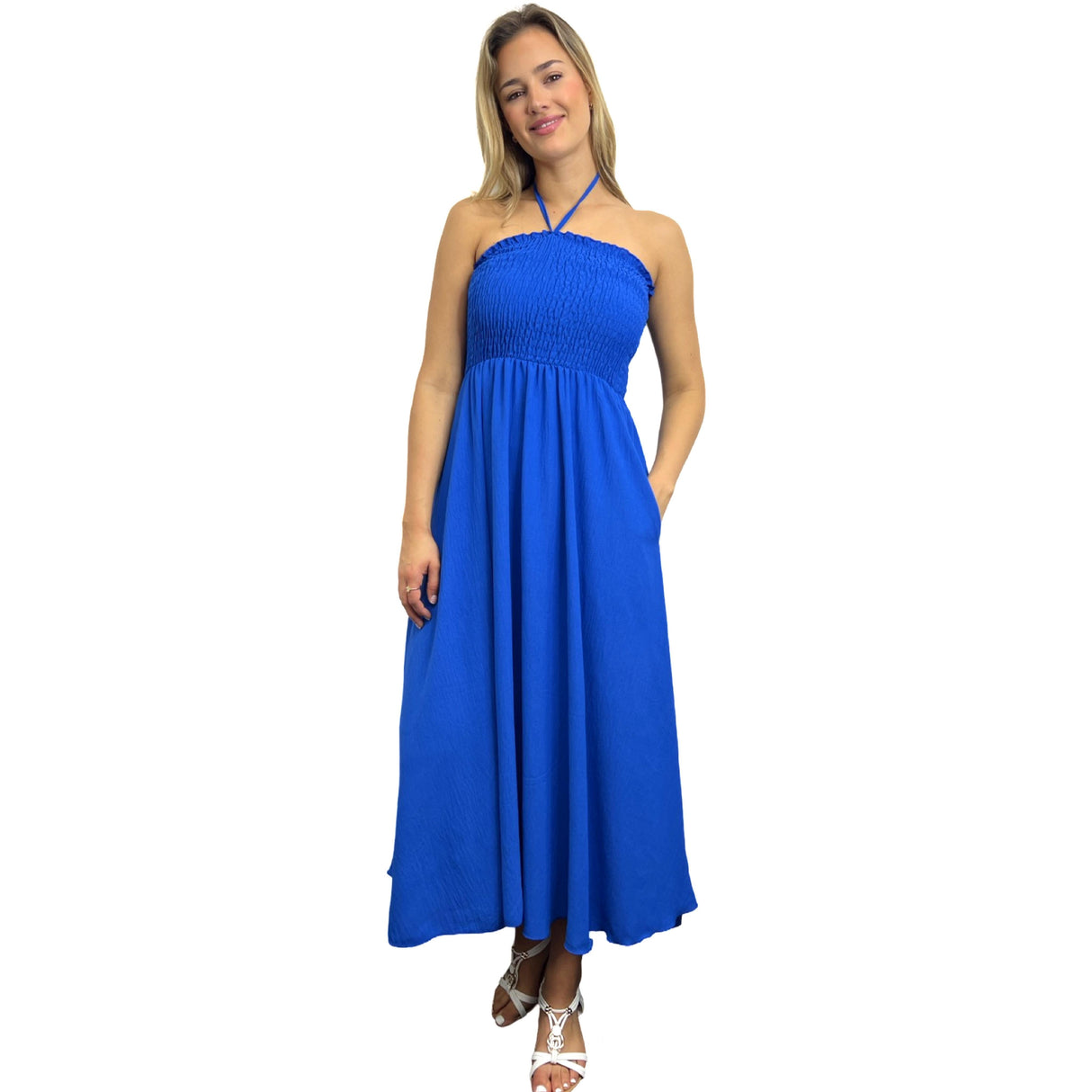 LADIES BACK TIED MAXI DRESS SMOCK SUPER STRETCHY