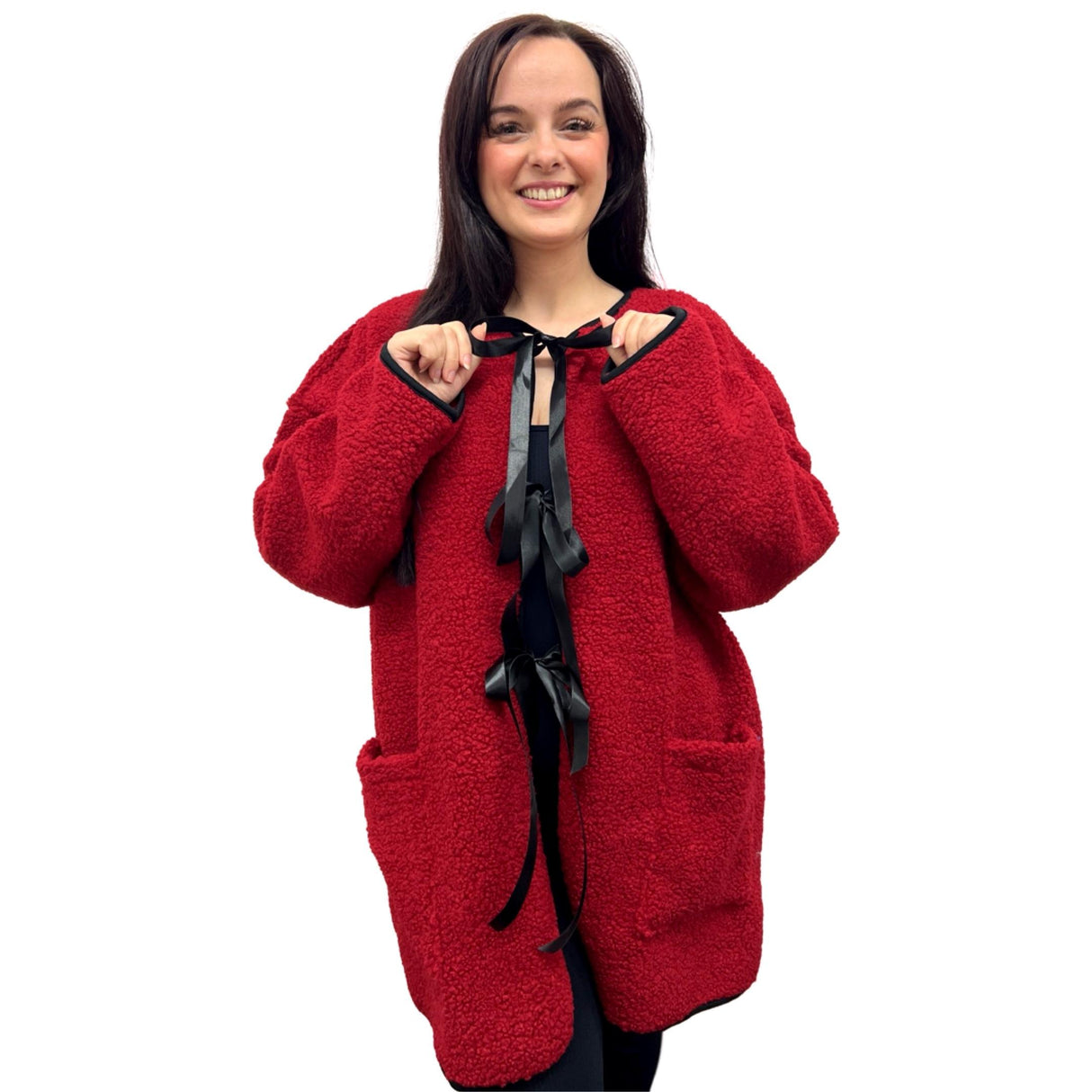 Teddy Coat With Bow Tie Details And Suede Effect Inside Super Cosy And Soft