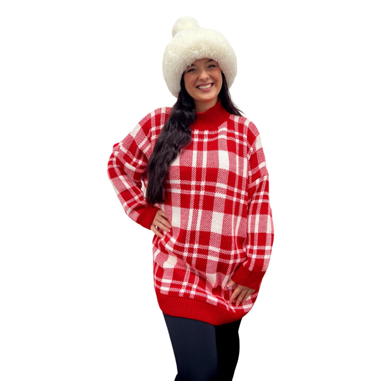 LADIES KNITWEAR JUMPER SUPER SOFT TURTLENECK GINGHAM CHECK DOUBLE LAYERS OVERSIZED JUMPER