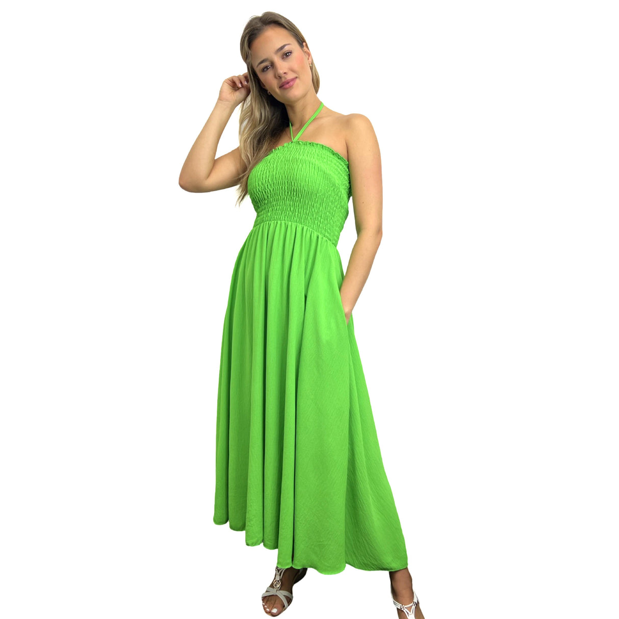LADIES BACK TIED MAXI DRESS SMOCK SUPER STRETCHY