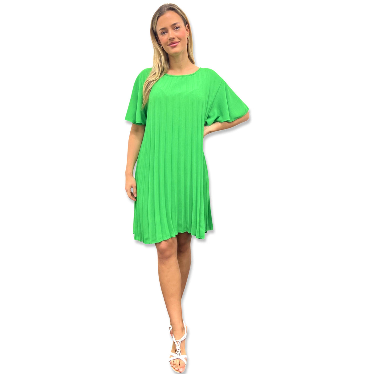 PLEATED MIDI DRESS SUPER FLOWING WITH FLUTTER SLEEVES PERFECT LENGTH FOR SUMMER