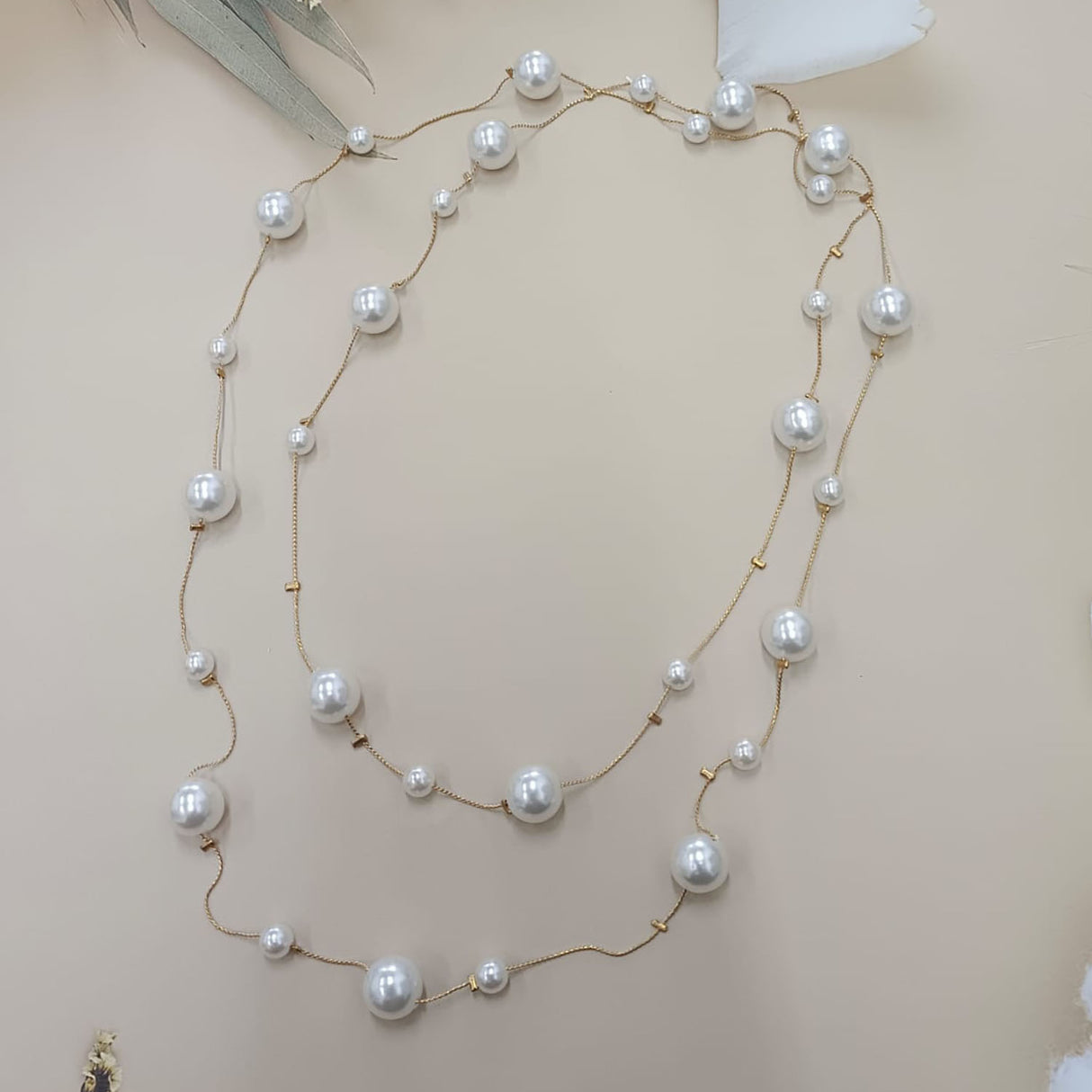 Elegant Long Pearl Station Necklace with Gold Chain