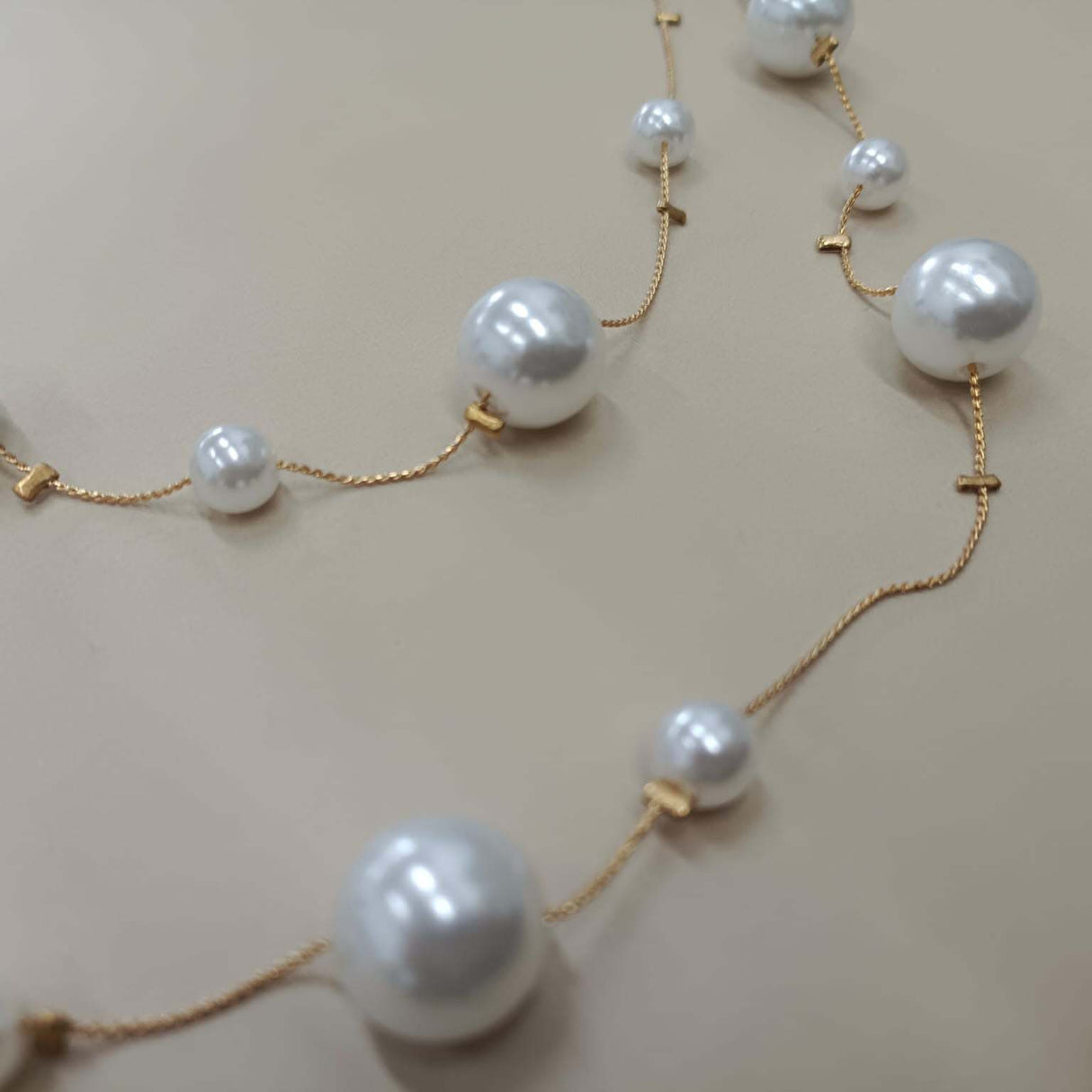 Elegant Long Pearl Station Necklace with Gold Chain