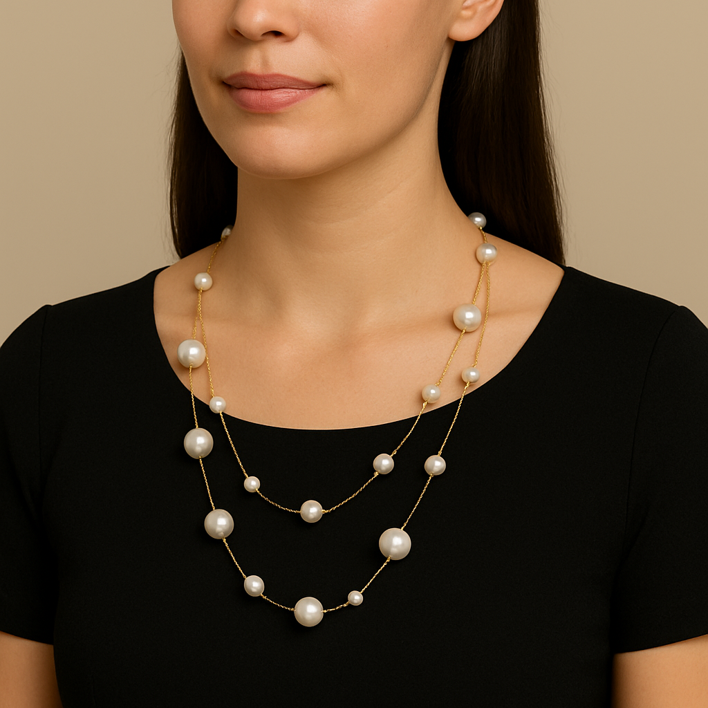 Elegant Long Pearl Station Necklace with Gold Chain