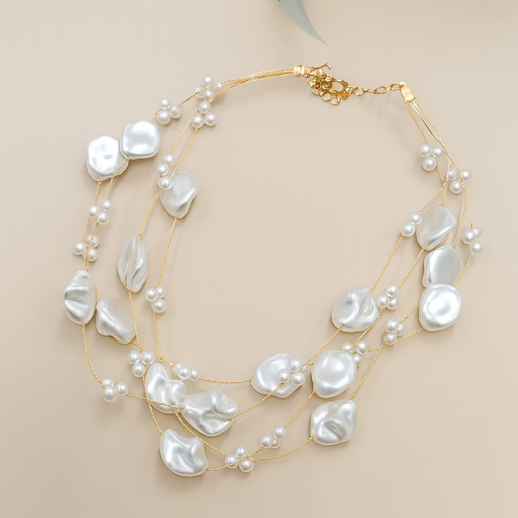 Layered Baroque Pearl & Faux Pearl Cluster Necklace with Gold Chains
