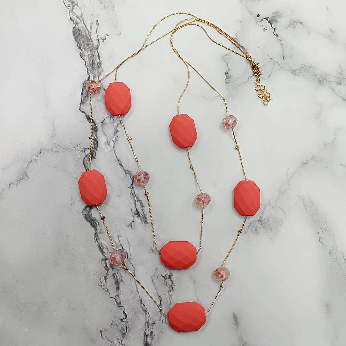 Bold Coral Faceted Bead Layered Necklace