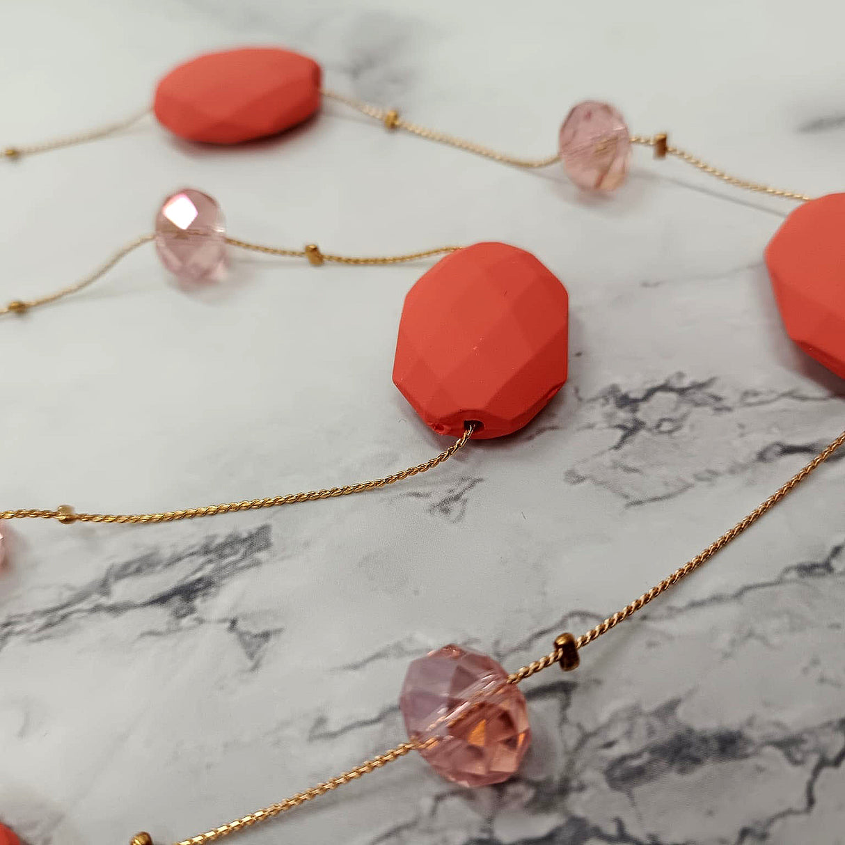 Bold Coral Faceted Bead Layered Necklace