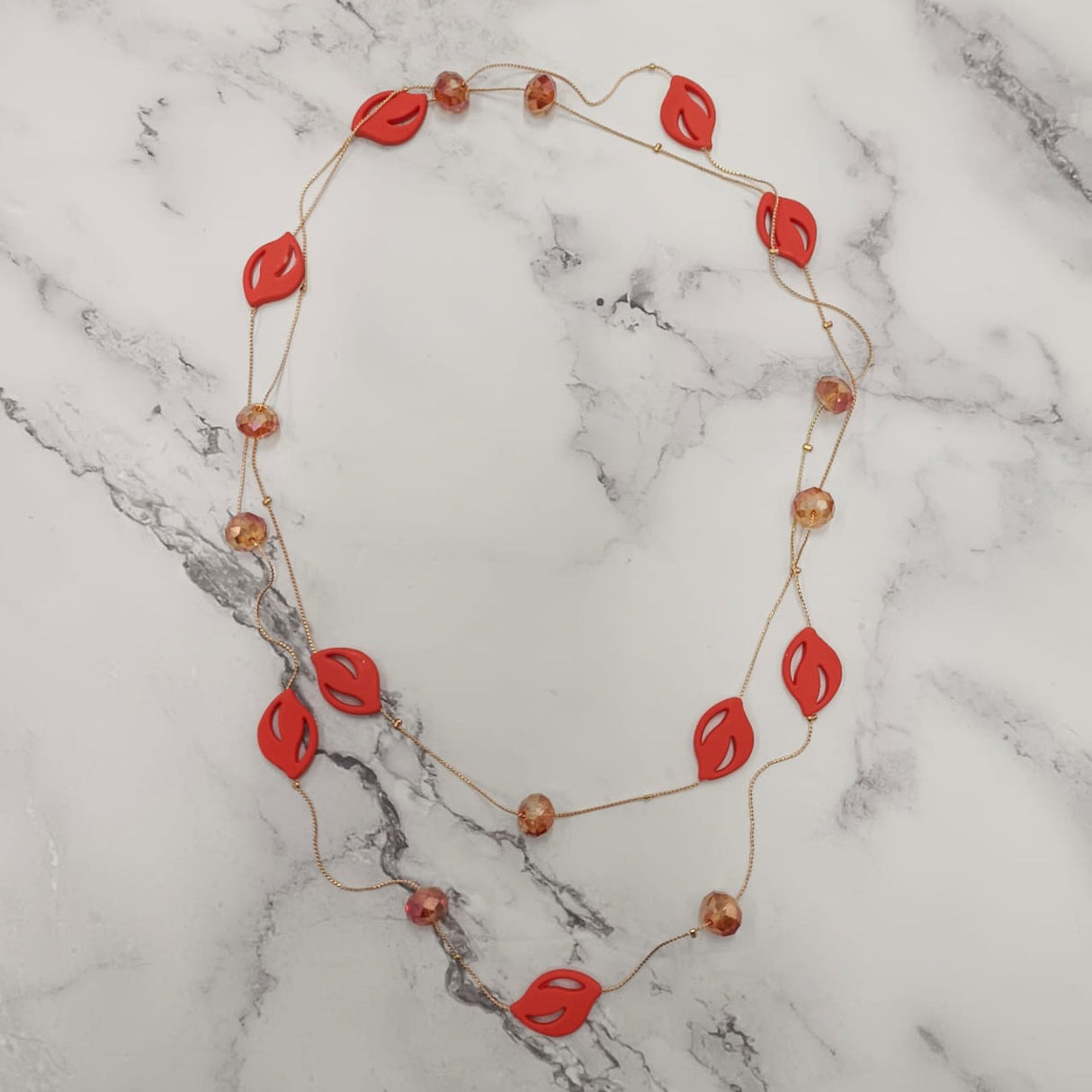 Crimson Petal Bead Double-Layer Necklace