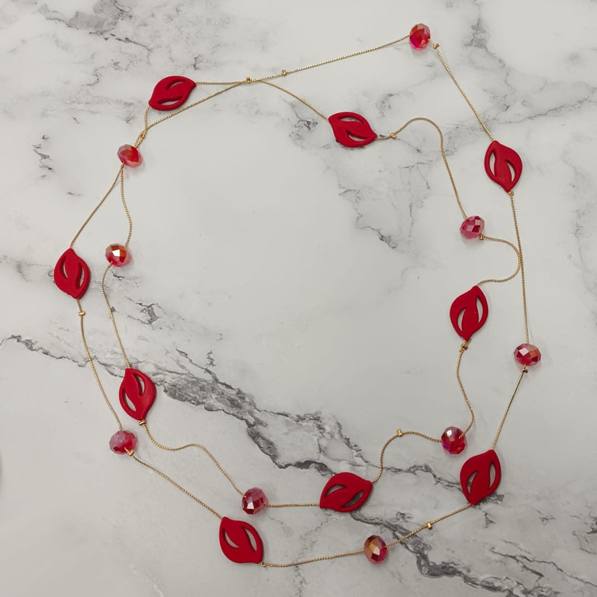 Crimson Petal Bead Double-Layer Necklace