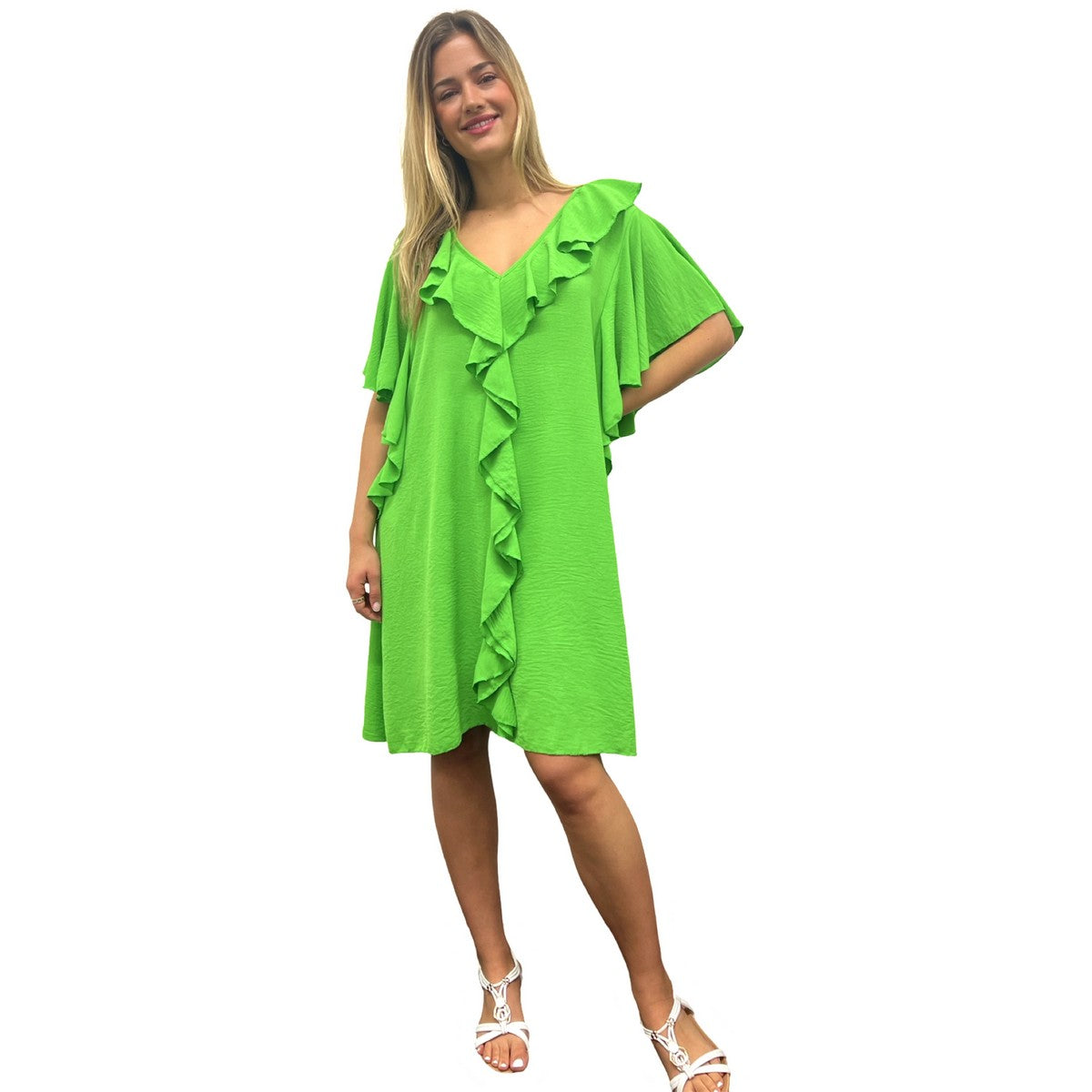 RUFFLE MIDI DRESS V-NECK BUTTERFLY RUFFLE HEM SUPER SWING MIDI DRESS