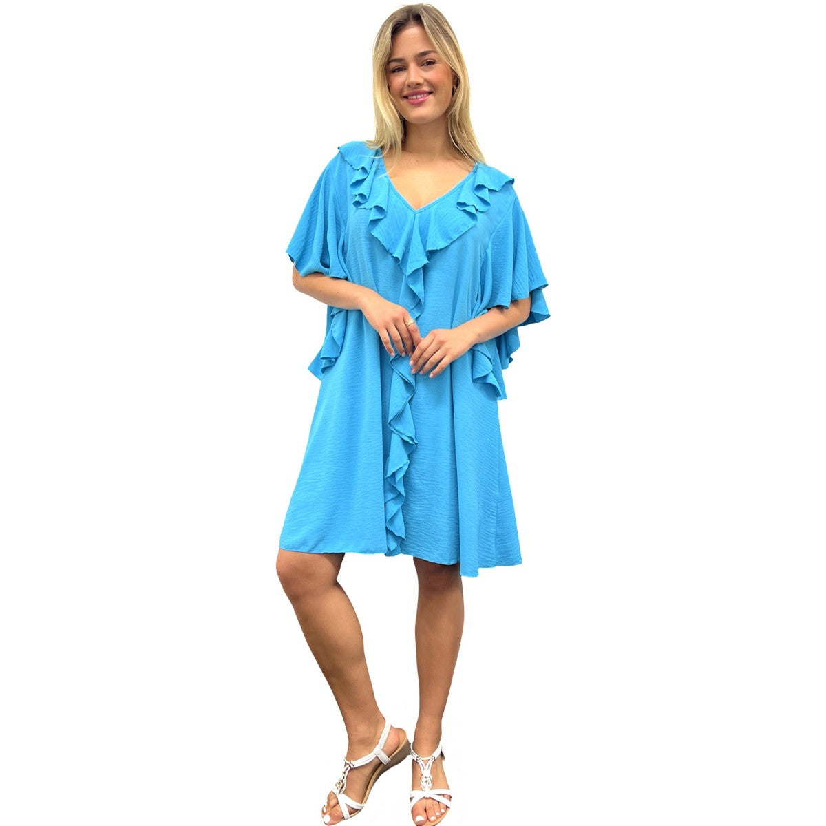 RUFFLE MIDI DRESS V-NECK BUTTERFLY RUFFLE HEM SUPER SWING MIDI DRESS