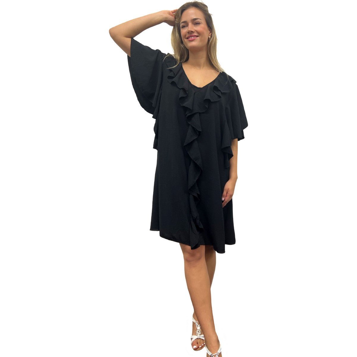 RUFFLE MIDI DRESS V-NECK BUTTERFLY RUFFLE HEM SUPER SWING MIDI DRESS