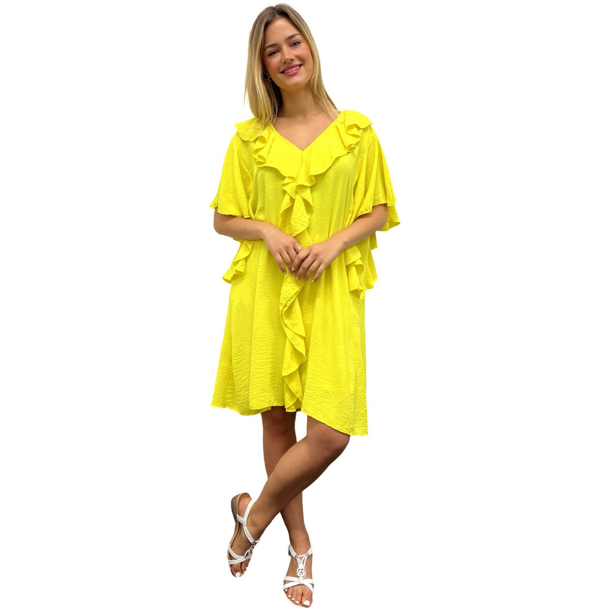 RUFFLE MIDI DRESS V-NECK BUTTERFLY RUFFLE HEM SUPER SWING MIDI DRESS