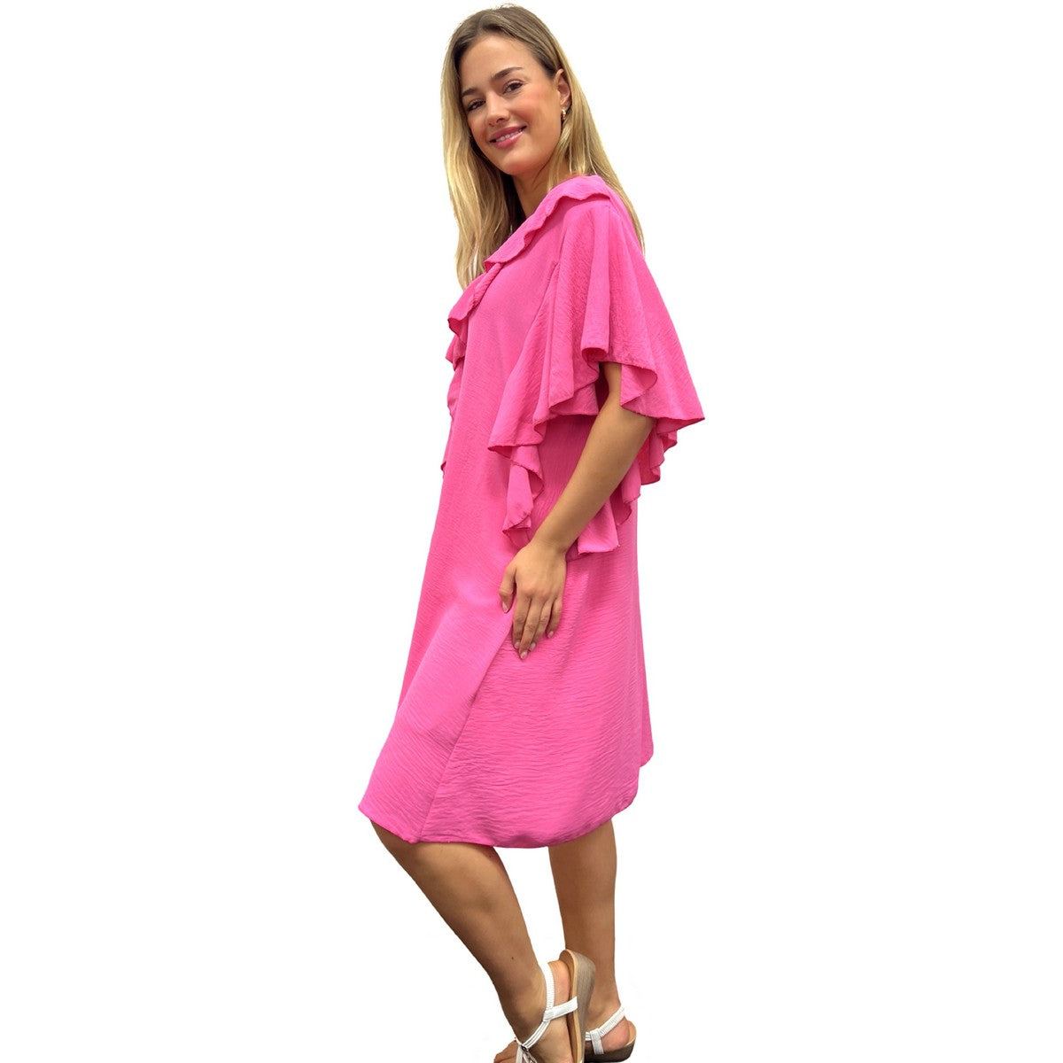 RUFFLE MIDI DRESS V-NECK BUTTERFLY RUFFLE HEM SUPER SWING MIDI DRESS