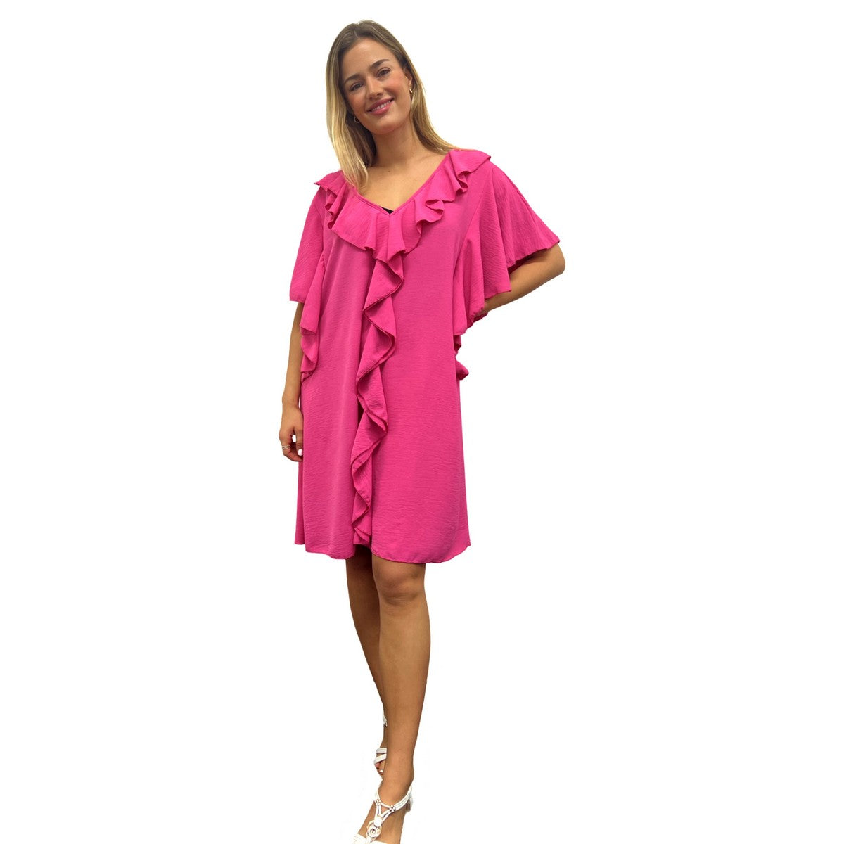 RUFFLE MIDI DRESS V-NECK BUTTERFLY RUFFLE HEM SUPER SWING MIDI DRESS