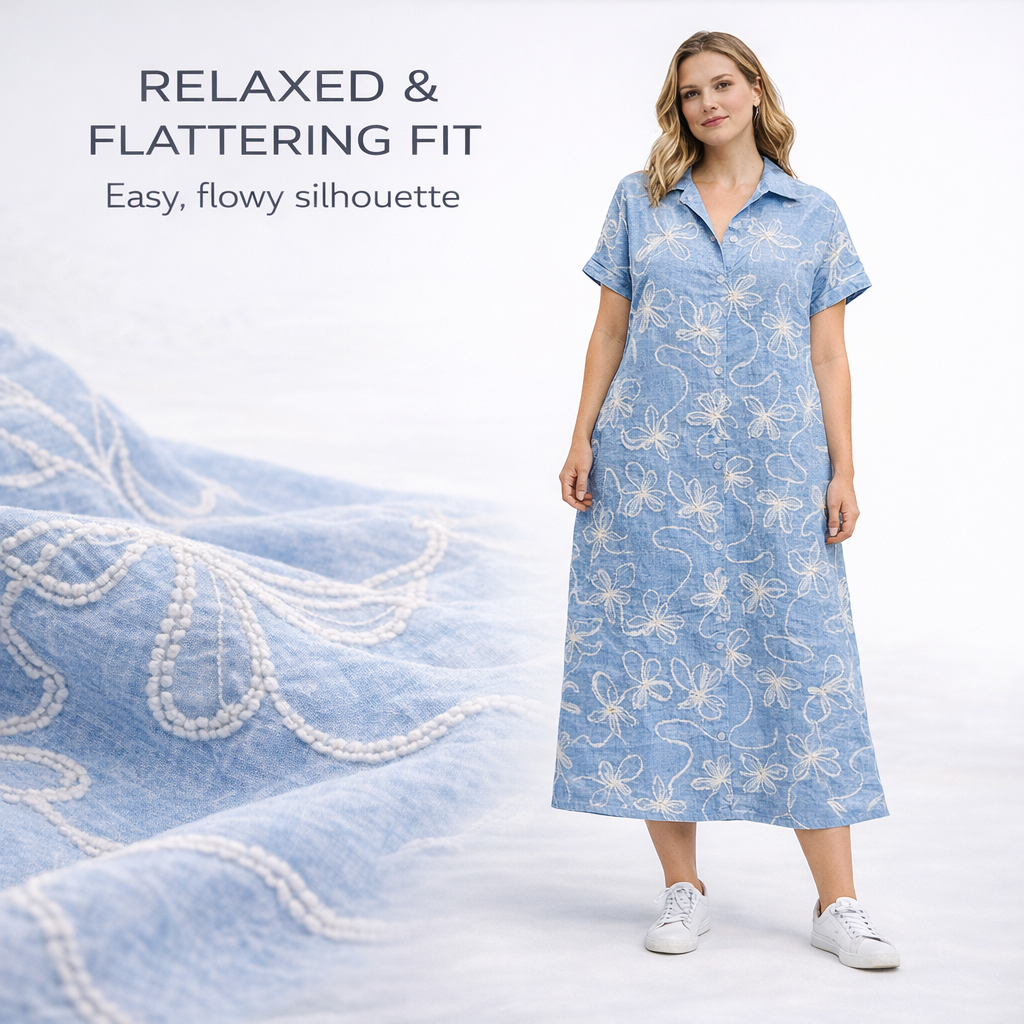Breathable Cotton Silk Blend Premium Embroidered Summer Dress | One size UK 12–22