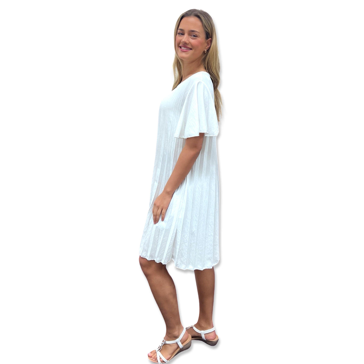 PLEATED MIDI DRESS SUPER FLOWING WITH FLUTTER SLEEVES PERFECT LENGTH FOR SUMMER