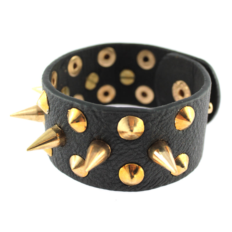 Leather Like Spike Bracelet - Black-Gold