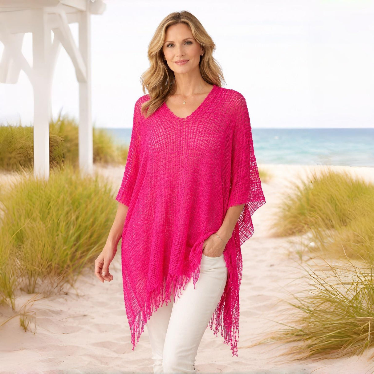 Lightweight Crochet Knit Cover Up Poncho | One Size Fits UK 10–24